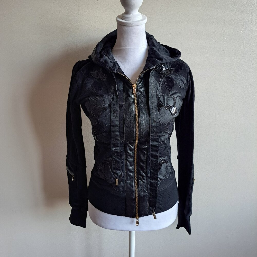 VDP Italian Black Floral Hoodie Sweater with Zipper Size 42 / M